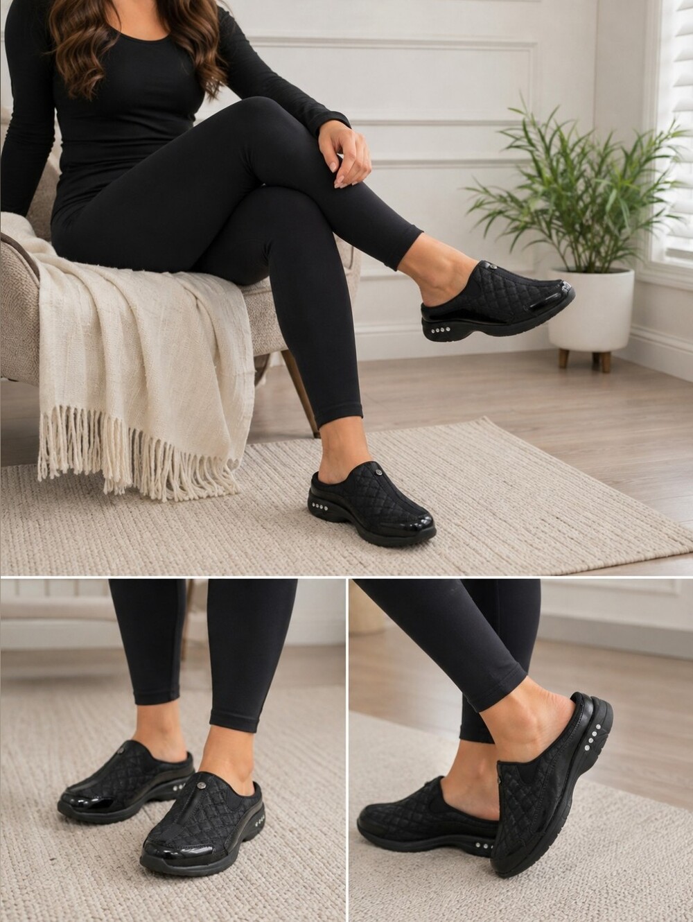 Easy Spirit Traveltime 12 Black Quilted Slip On Mule Clogs Shoes 7.5M NWOT